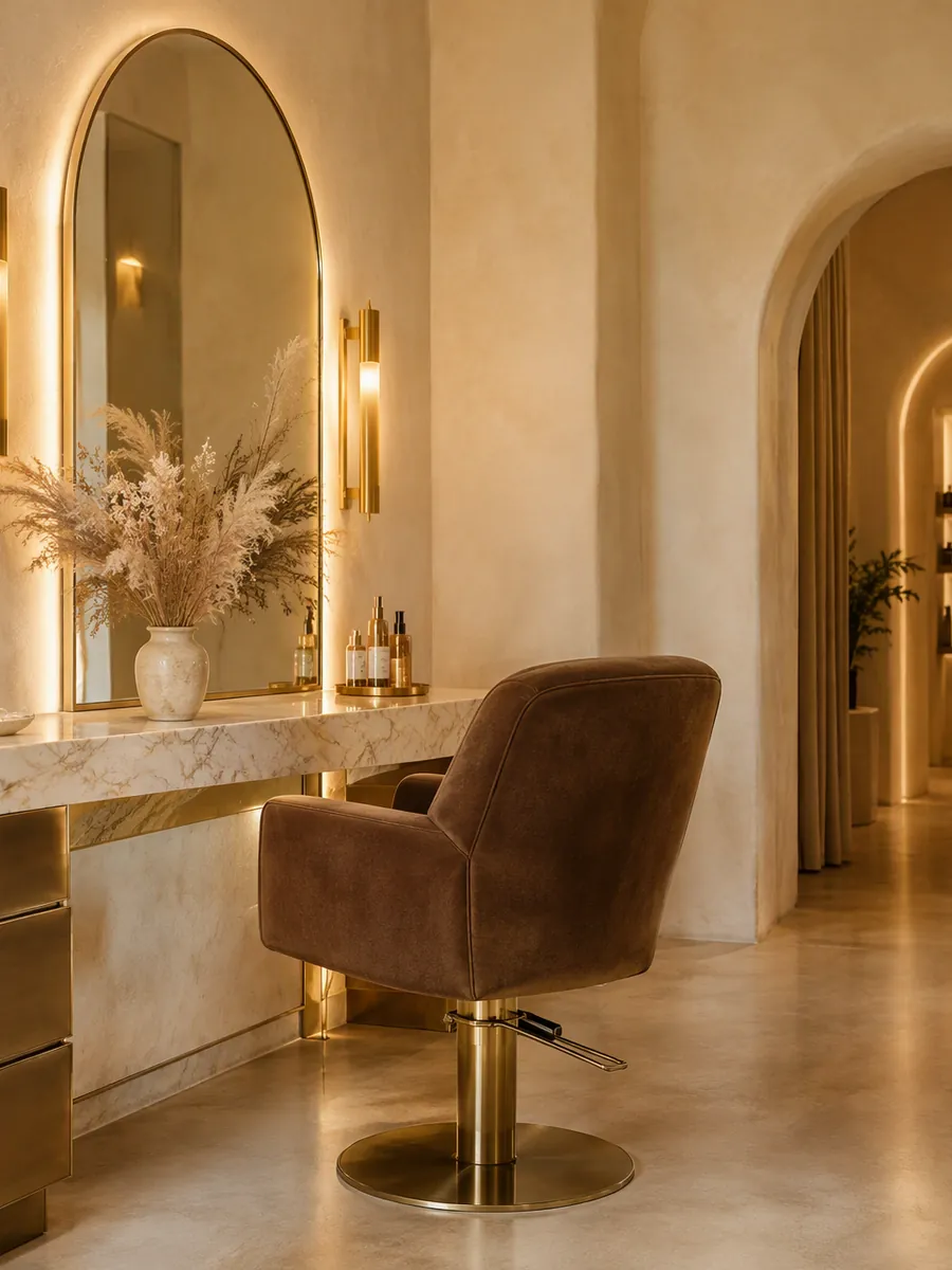 Interior elegant de salon de hairstyling, cu pereți crem, accesorii champagne și mobilier mocha