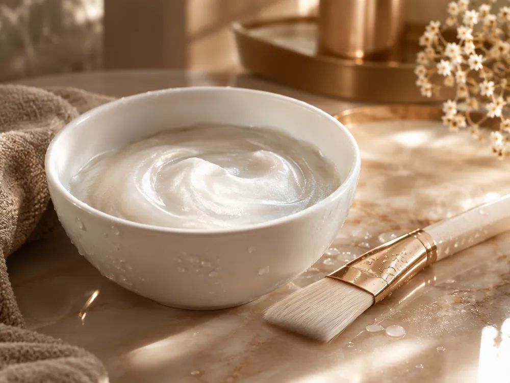 Bol ceramic cu mască de păr sidefată și pensulă lată, pe un fundal crem, într-un cadru luminos