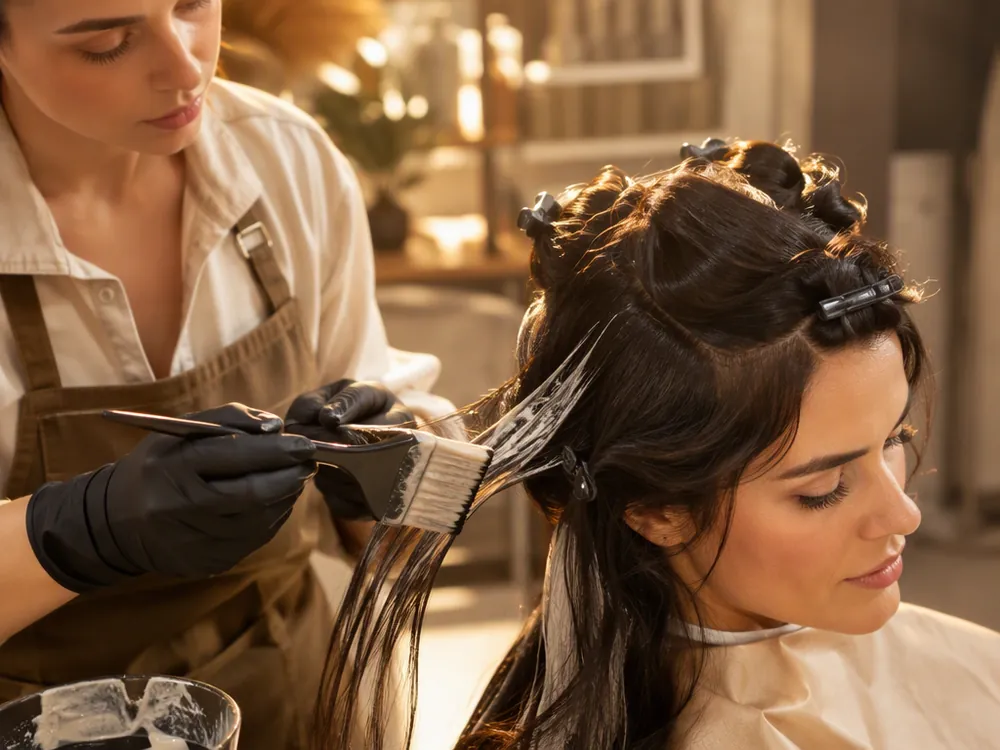 Hairstylist aplicând o mască cremoasă șuviță cu șuviță pe părul brunet, cu pensulă de vopsit