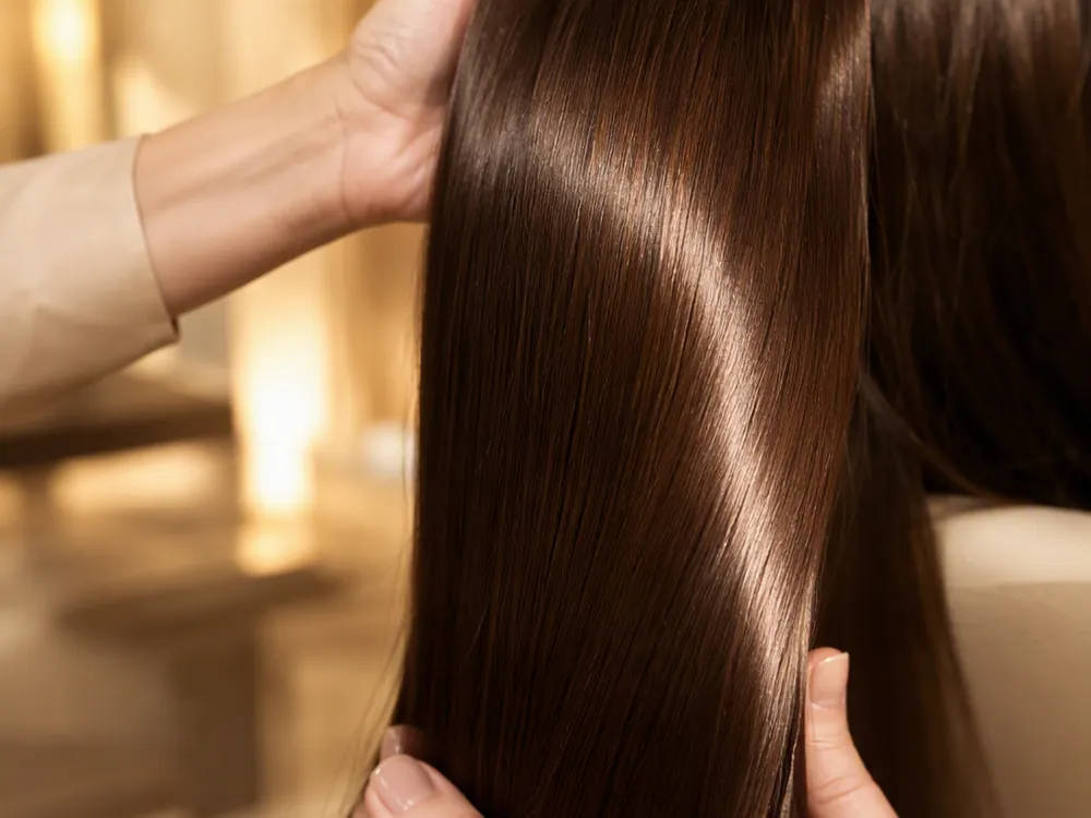 Mâinile unui hairstylist trecând printr-o șuviță brunetă, netedă și strălucitoare, după un tratament cu keratină